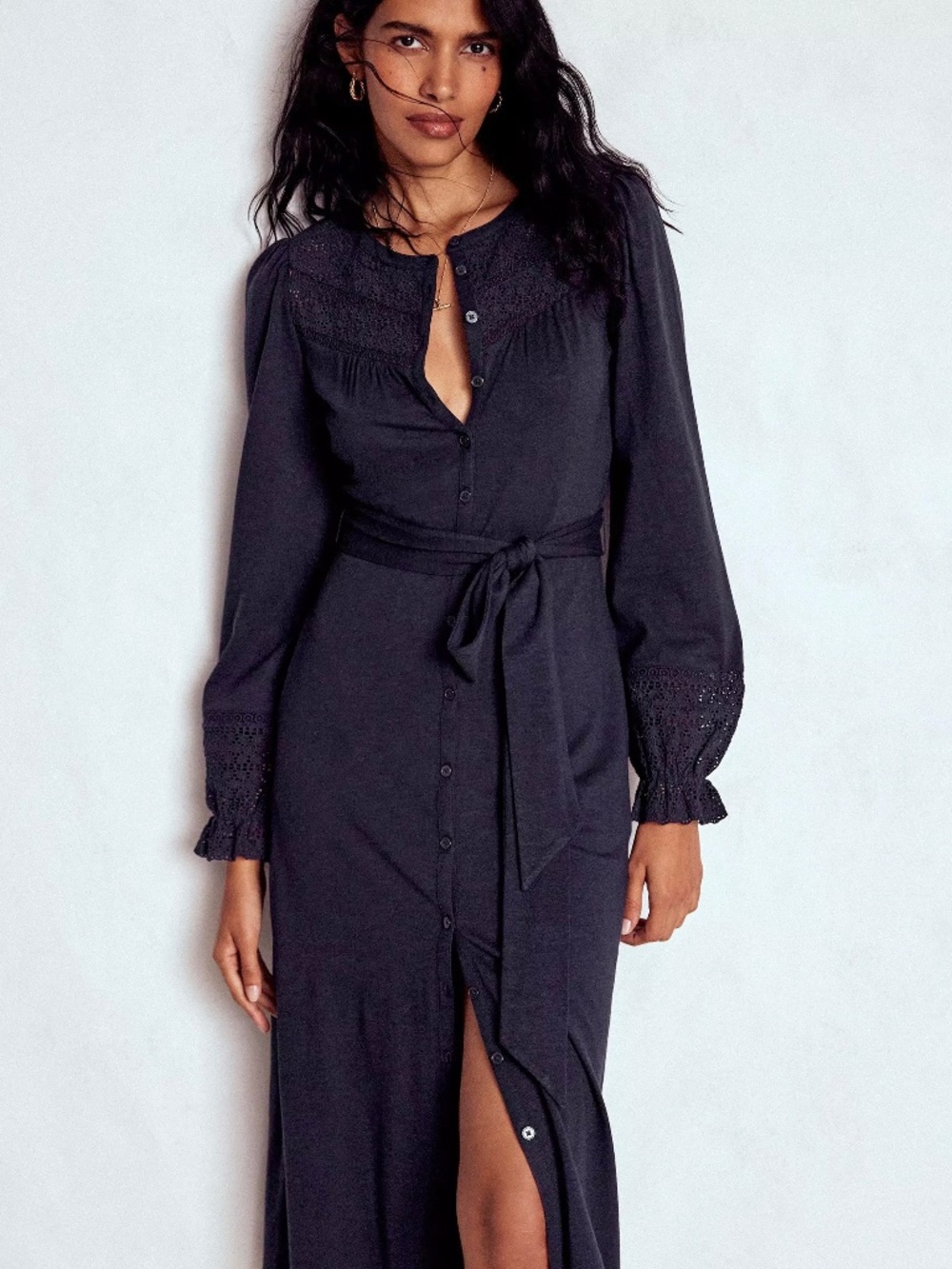 Boden Pippa Broderie Anglaise Jersey Midi Dress Navy Sz UK 6R (US 2R)